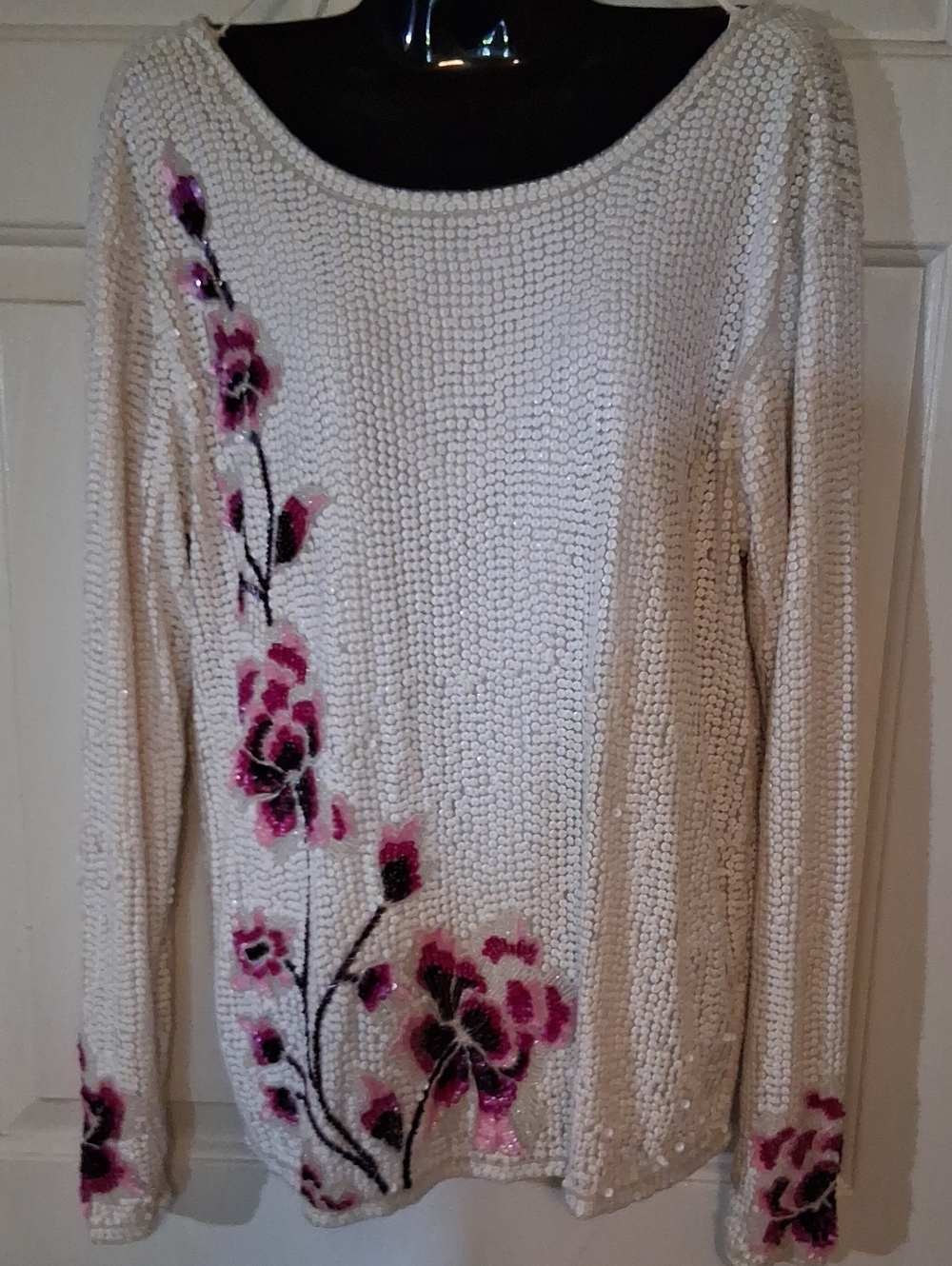 Theia Cream Sequin Scoop Neck Sweater with Pink Floral Accents